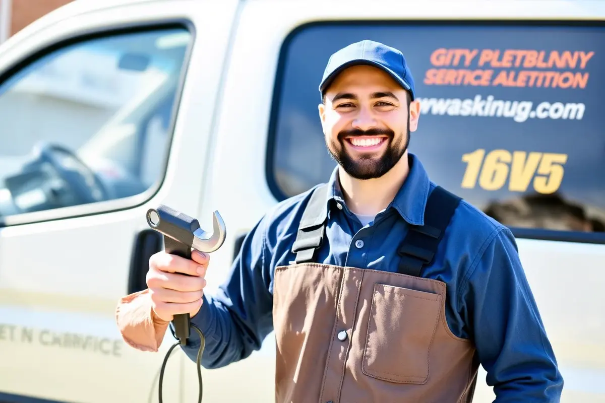 Local plumber smiling next to service van