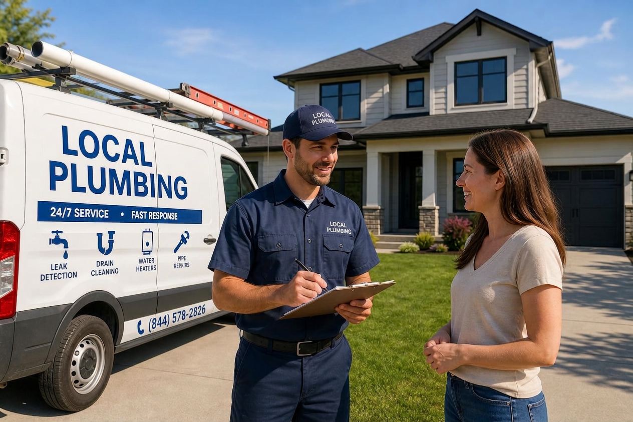 Local plumbing professional discussing service options with a homeowner beside a branded plumbing van